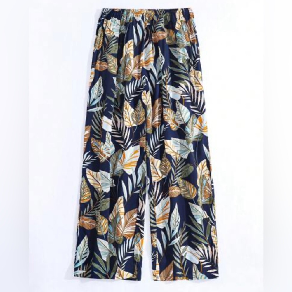 Flowy Tropical Leaf Print Wide-Leg Vacation Summer Viscose Navy Pants Size Large